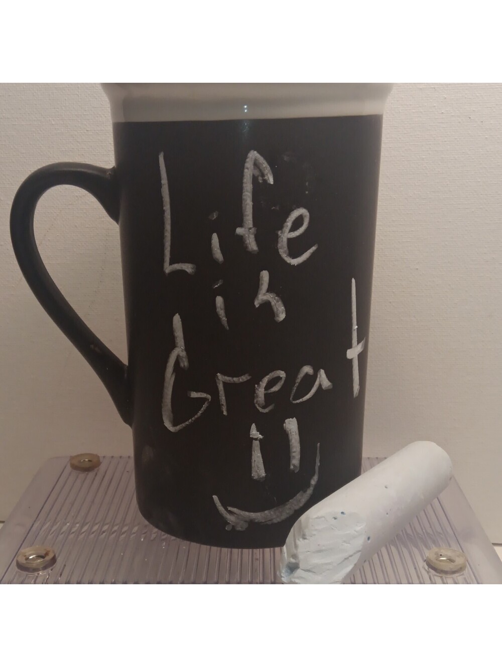 Black Ceramic Chalkboard Style Coffee Mug White Rim 12 fl oz Good Morning